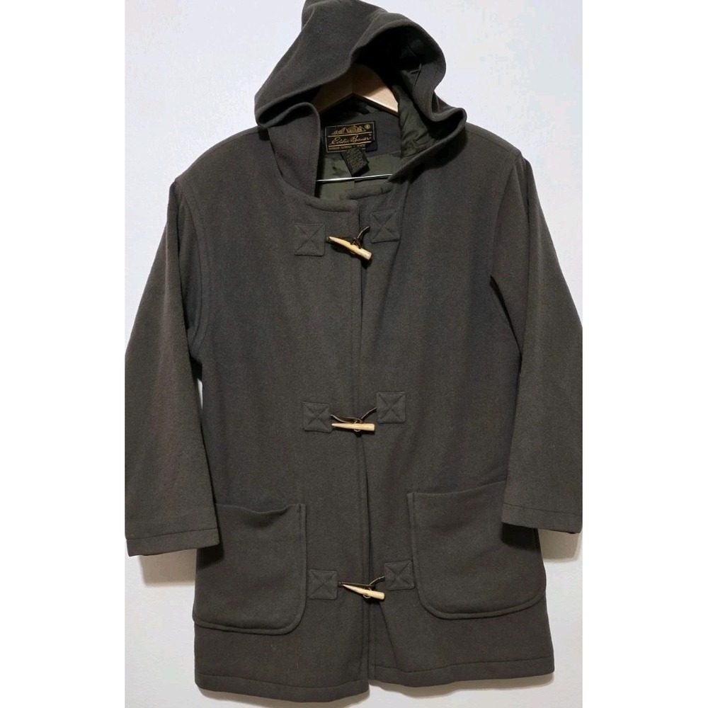 Vintage Eddie Bauer Wool Toggle Over Coat Jacket Olive Green Women Sz S USA Made